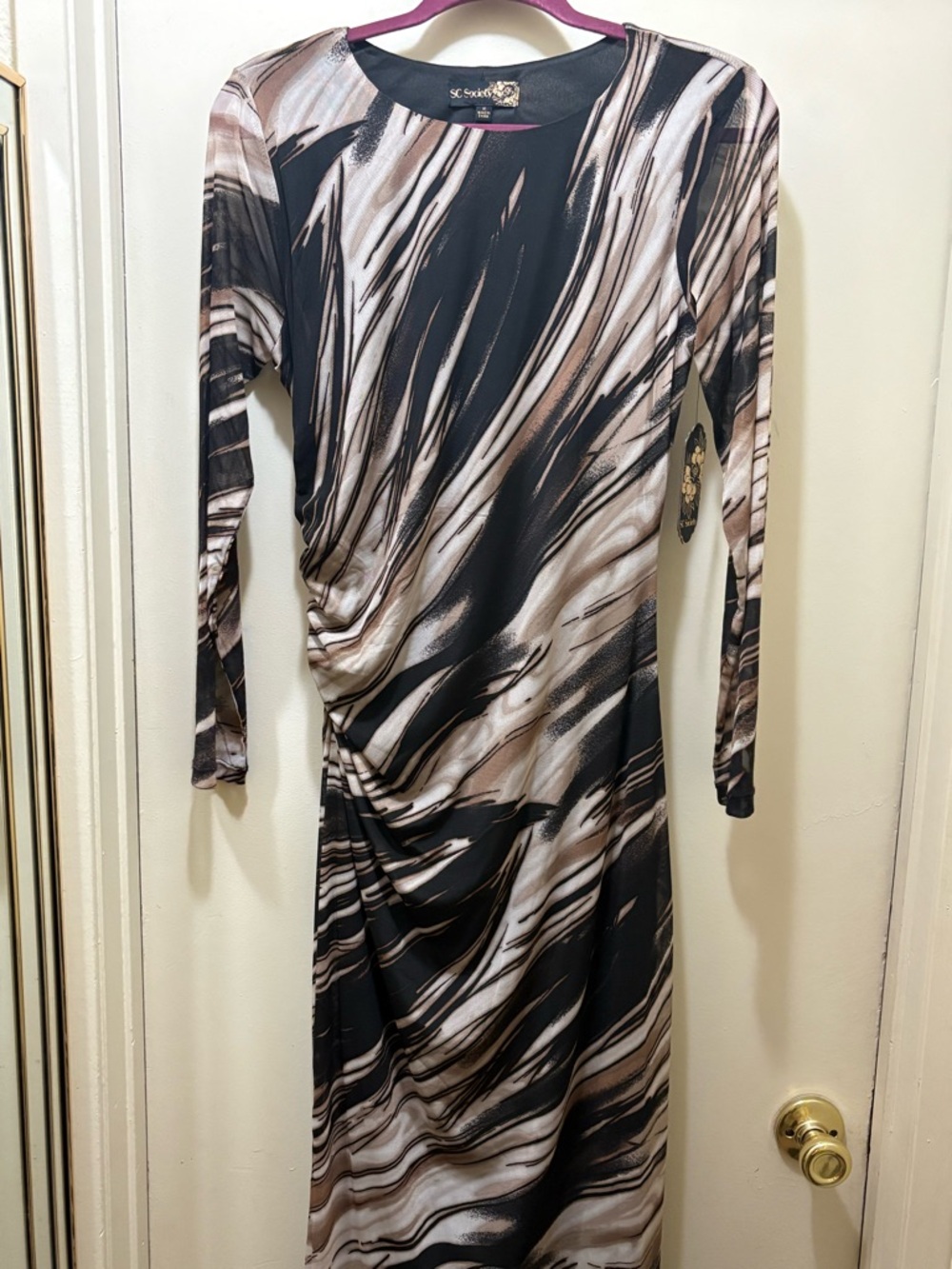 Black and Taupe Swirl Long Sleeve Dress